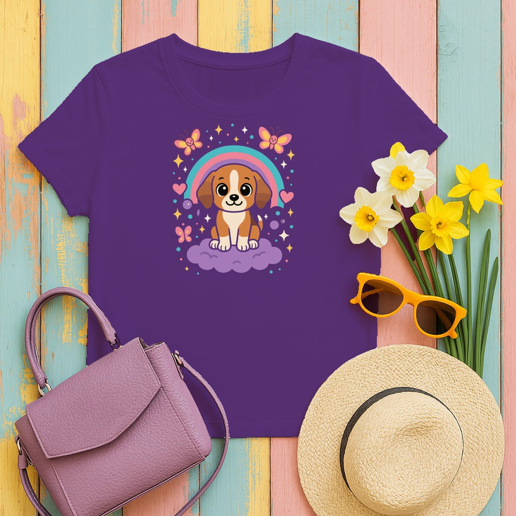 Cute Puppy Beagle Above Rainbow Cloud Design Graphic T-Shirt in Purple