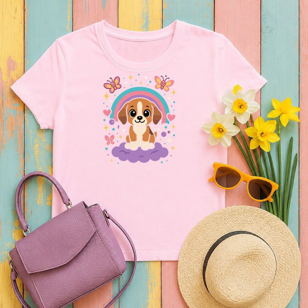 Cute Puppy Beagle Above Rainbow Cloud Design Graphic T-Shirt in Light Pink
