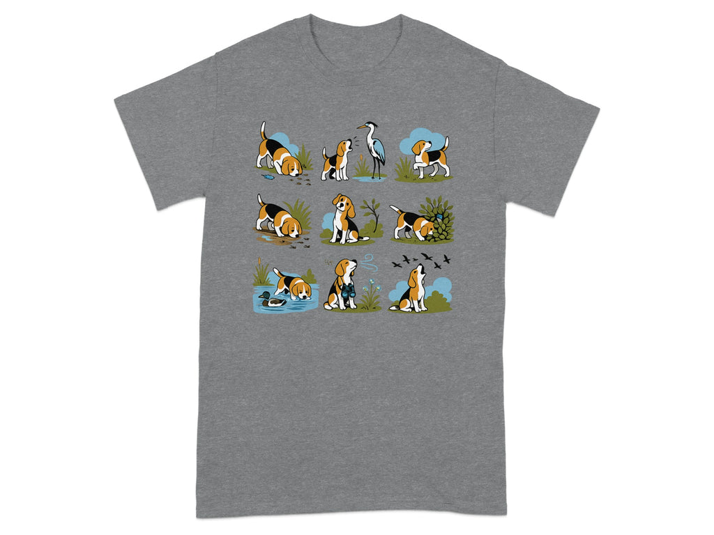 Cartoon beagles interacting with nature, including a heron, duck, and birds.