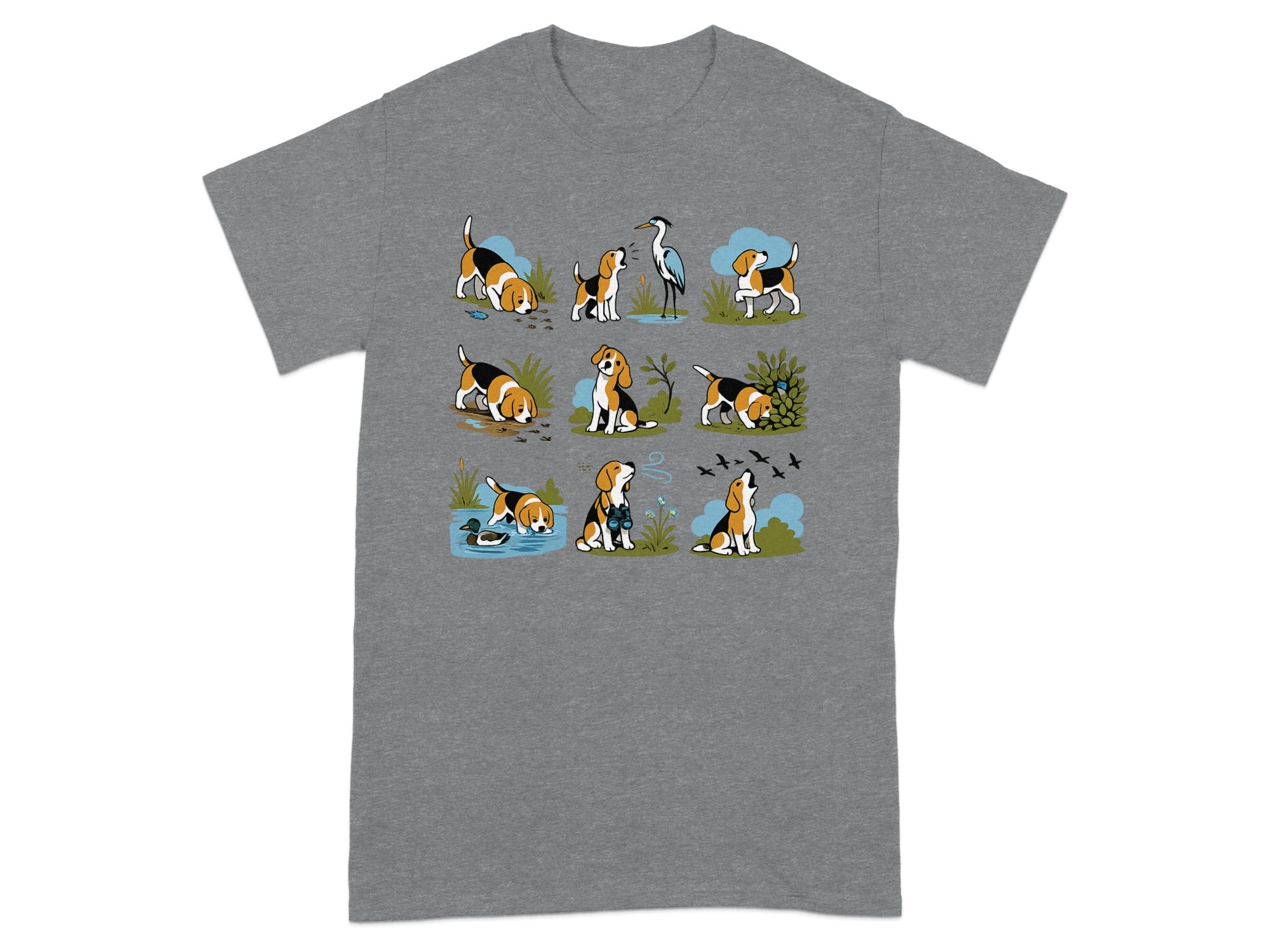 Cartoon beagles interacting with nature, including a heron, duck, and birds.