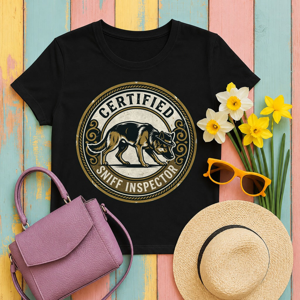 Certified Sniff Inspector German Shepherd T-Shirt in Black
