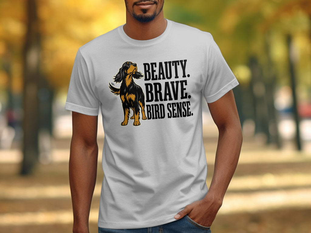 T-shirt with dog illustration and text "BEAUTY. BRAVE. BIRD SENSE."