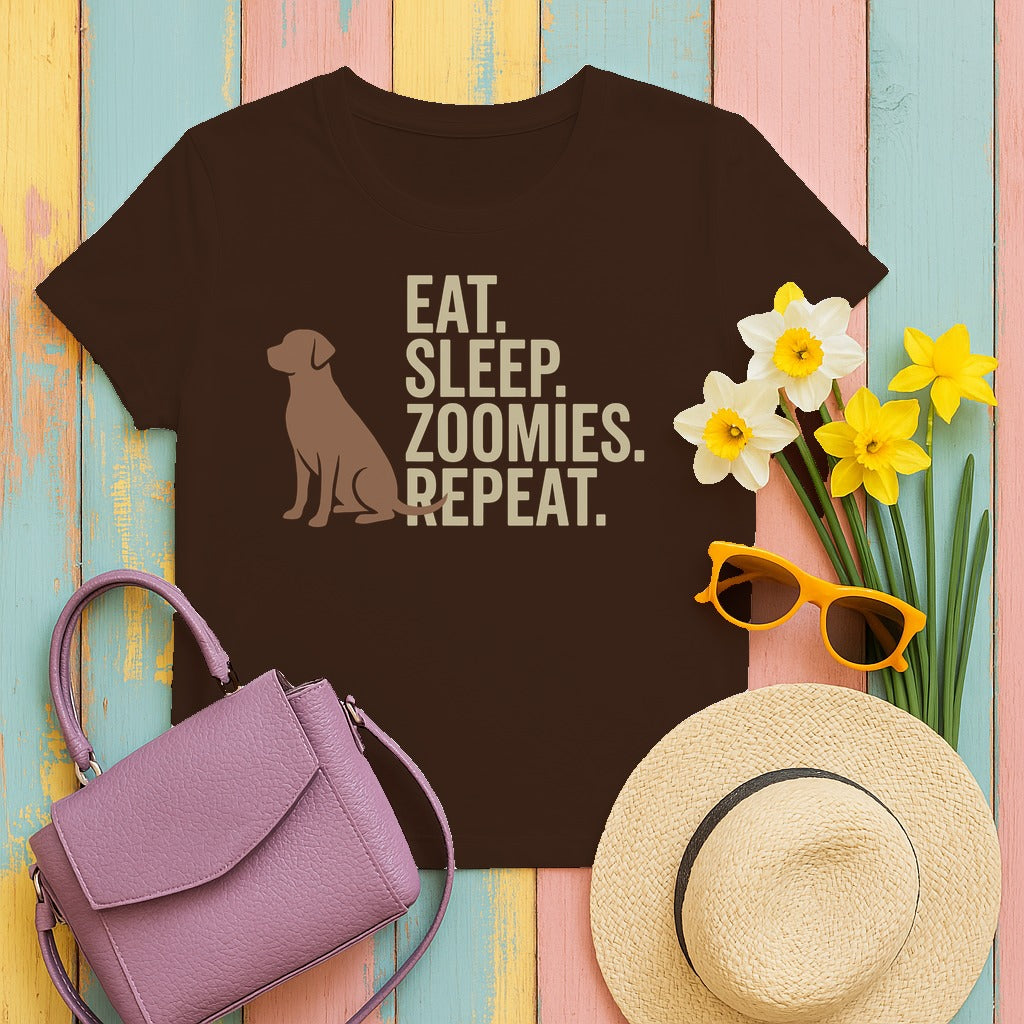 Eat Sleep Zoomies Repeat Lab T-shirt in Dark Chocolate