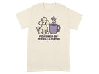 Cream t-shirt with cartoon poodle next to coffee cup, text says "POWERED BY POODLE & COFFEE".