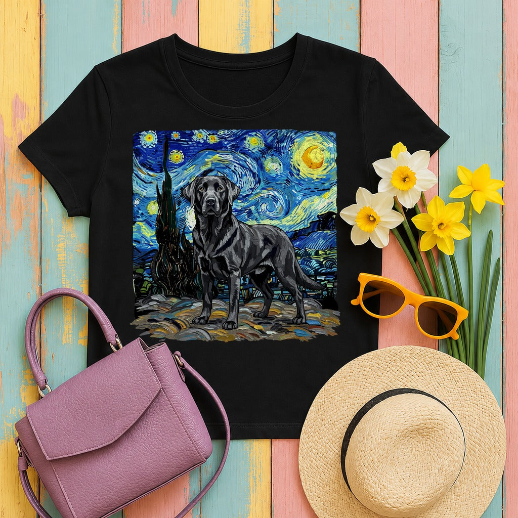 Black Labrador Dog in Starry Night Landscape T-Shirt in Black