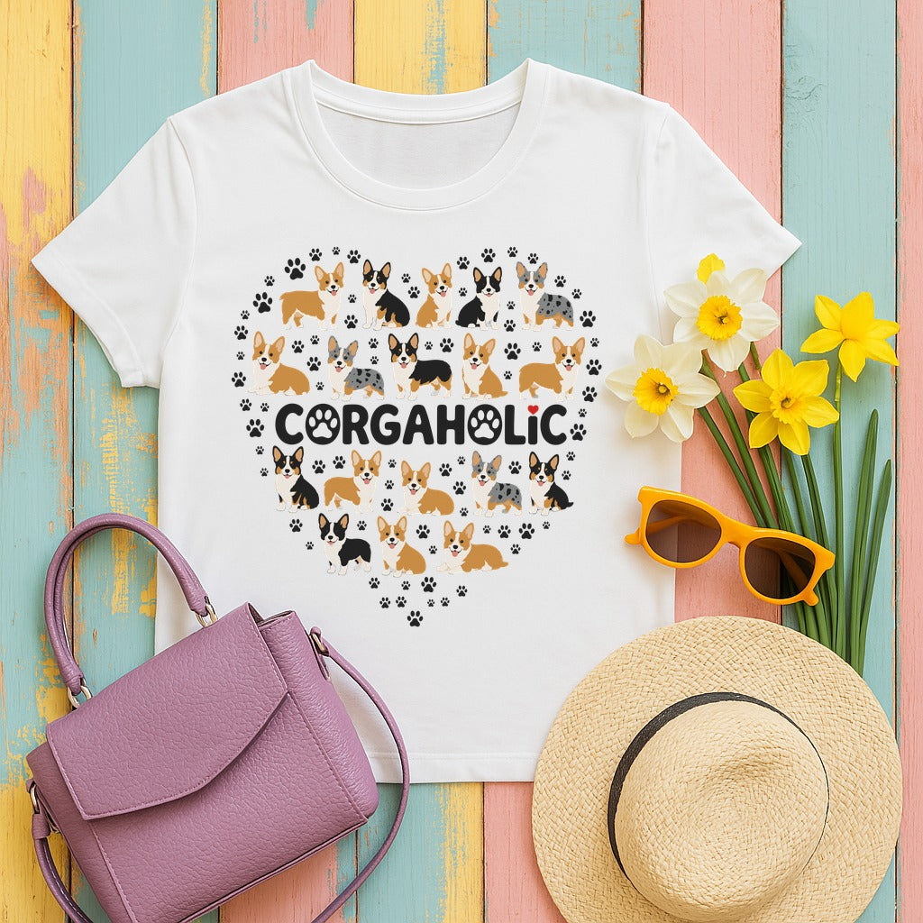 Corgi Corgaholic Heart T-Shirt in White