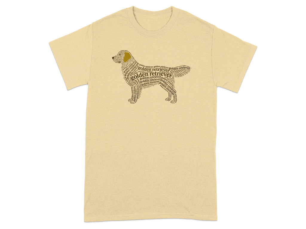 T-shirt with golden retriever silhouette formed from "golden retriever" text.