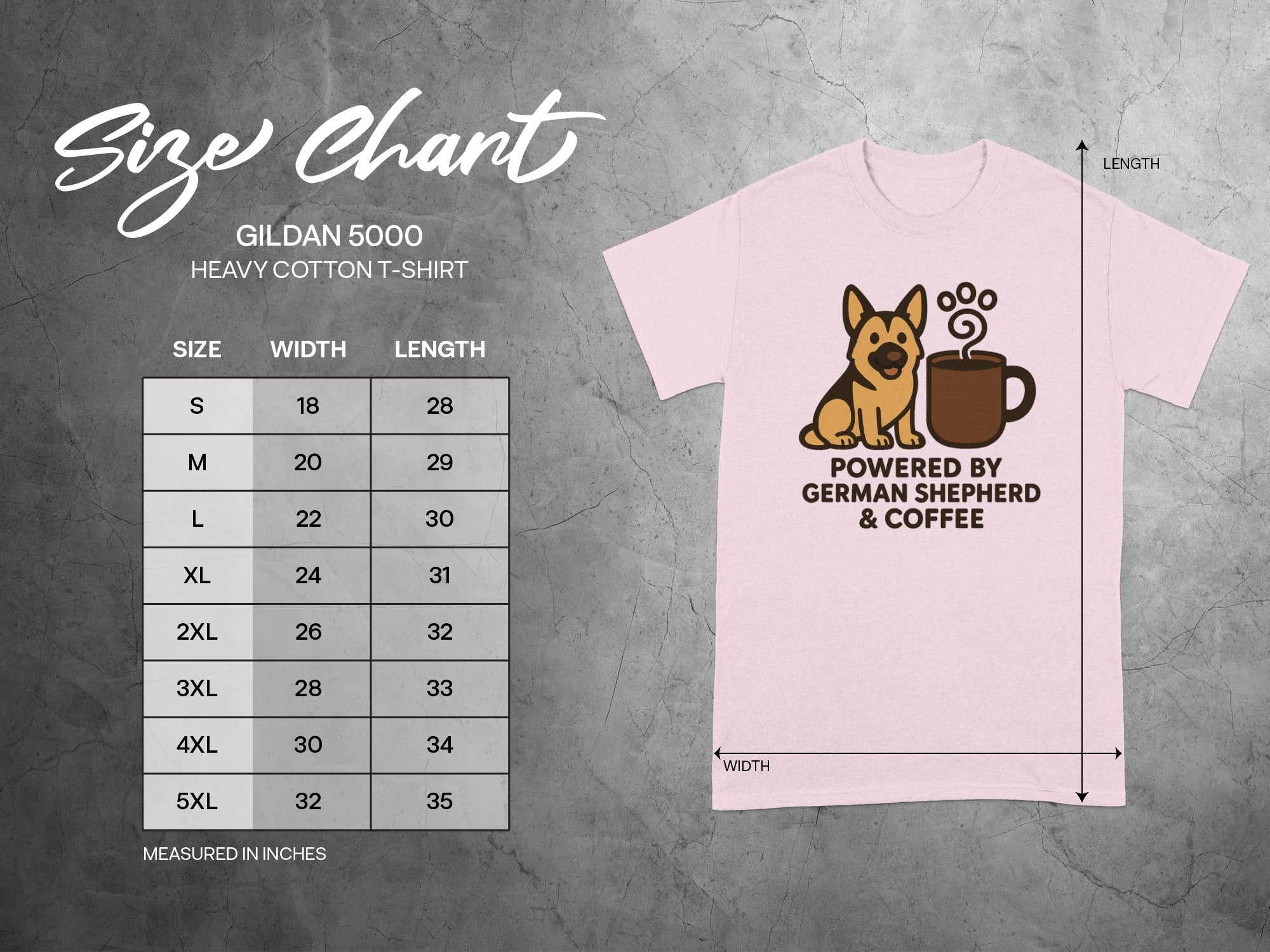 Size chart for Gildan 5000 heavy cotton t-shirt, with measurements in inches.