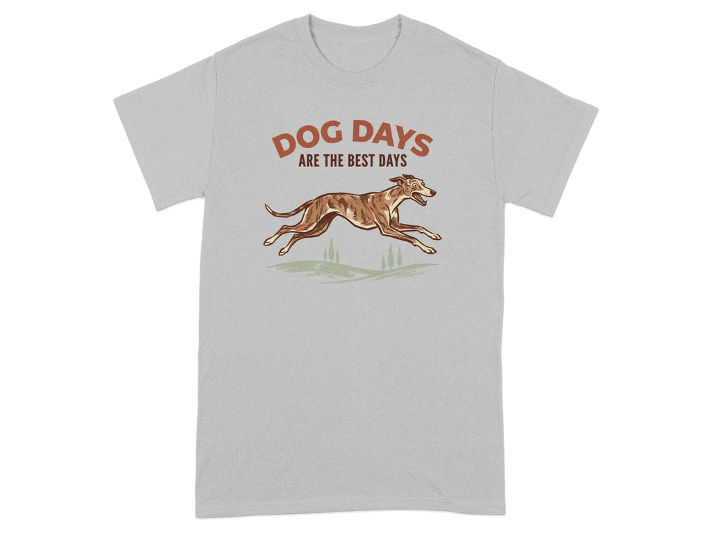 Grey t-shirt with text "DOG DAYS ARE THE BEST DAYS" and a running greyhound illustration.