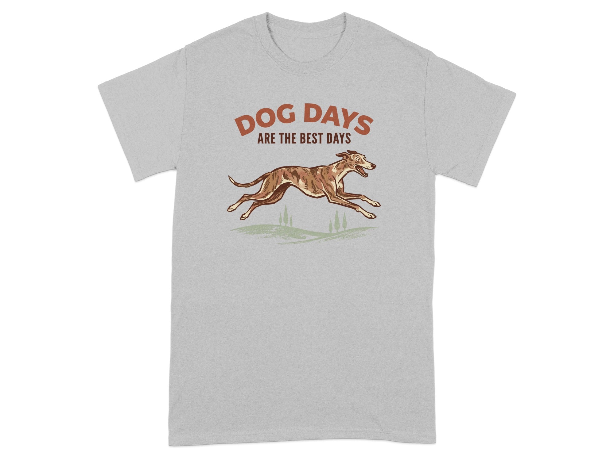 Grey t-shirt with text "DOG DAYS ARE THE BEST DAYS" and a running greyhound illustration.