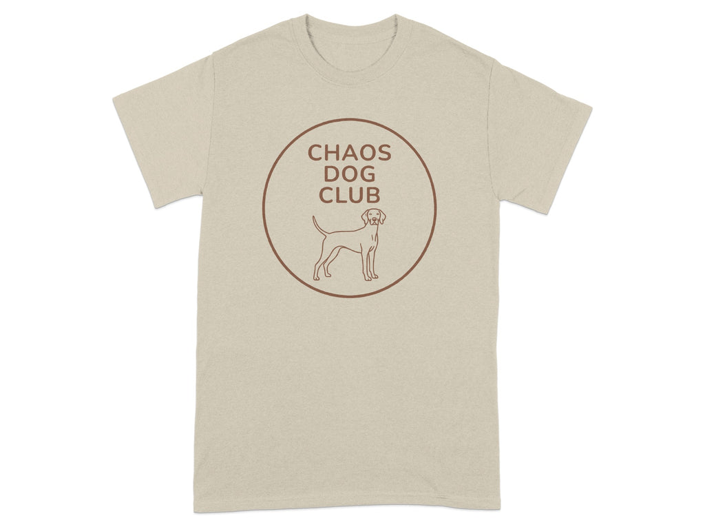 Tan t-shirt with circular "Chaos Dog Club" logo featuring a dog silhouette.