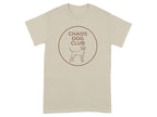 Tan t-shirt with circular "Chaos Dog Club" logo featuring a dog silhouette.