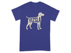 Blue t-shirt with cream Vizsla dog silhouette and text graphic.