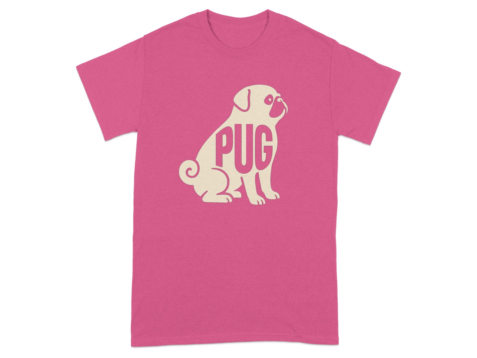 Pink t-shirt with a cream-colored pug graphic and the word "PUG".