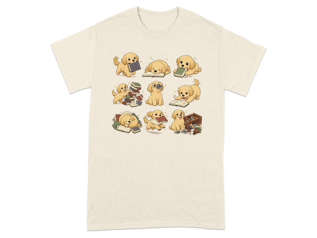 Nine cartoon golden retriever puppies interacting with books in various playful poses.