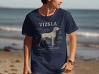 Vizsla t-shirt with humorous diagrams and text about dog traits.