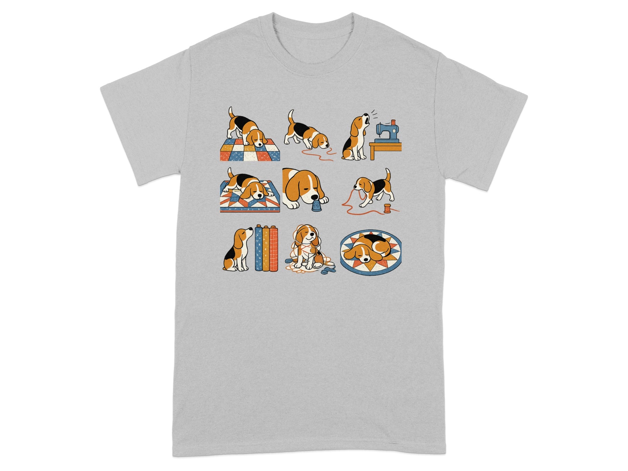 Collection of illustrations of beagles interacting with sewing supplies.