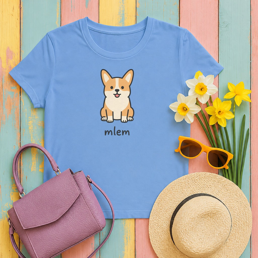 Cute Cartoon Corgi Mlem Funny Dog T-Shirt in Carolina Blue