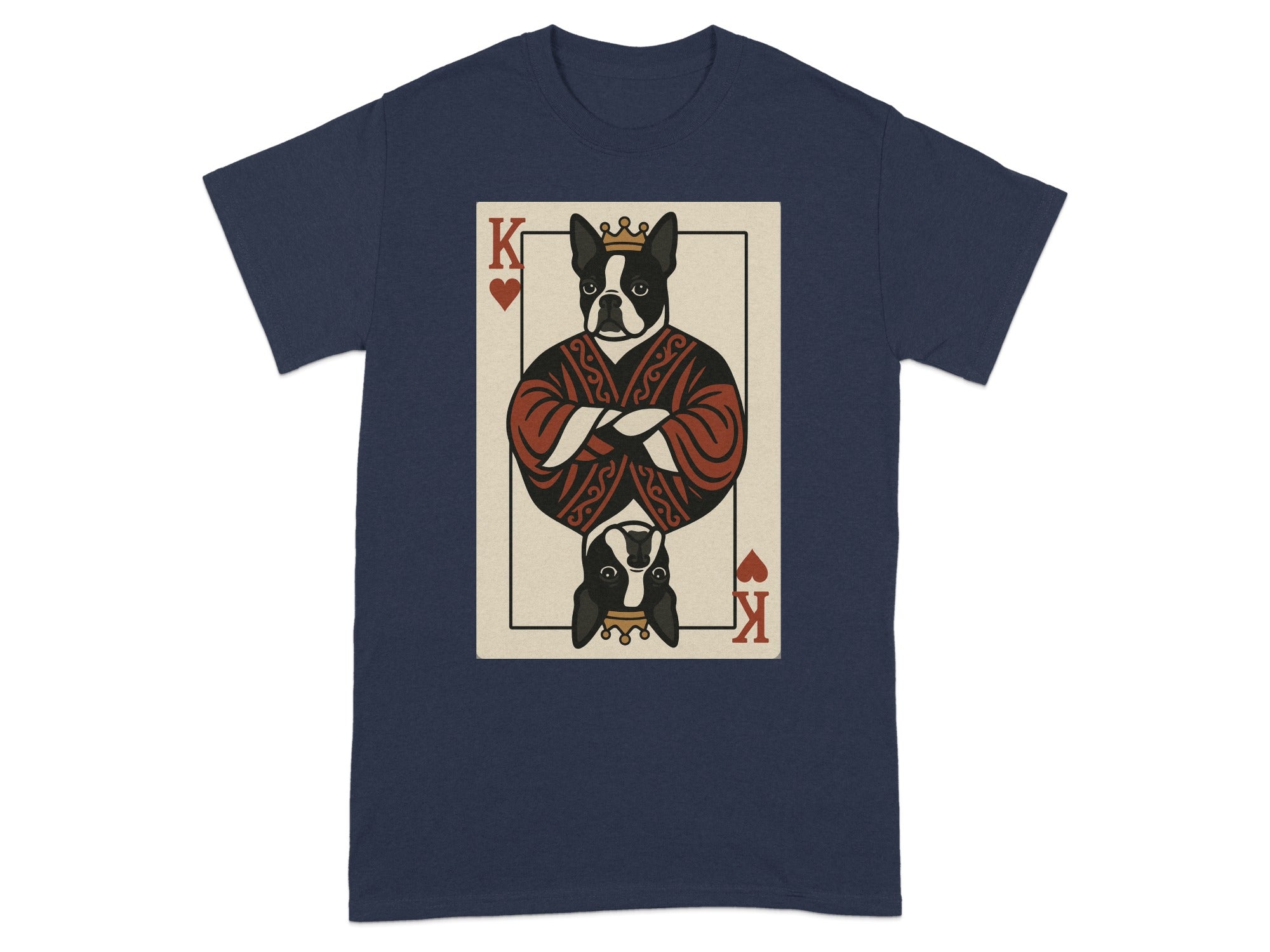 King of Hearts playing card graphic with a Boston Terrier on a navy t-shirt.
