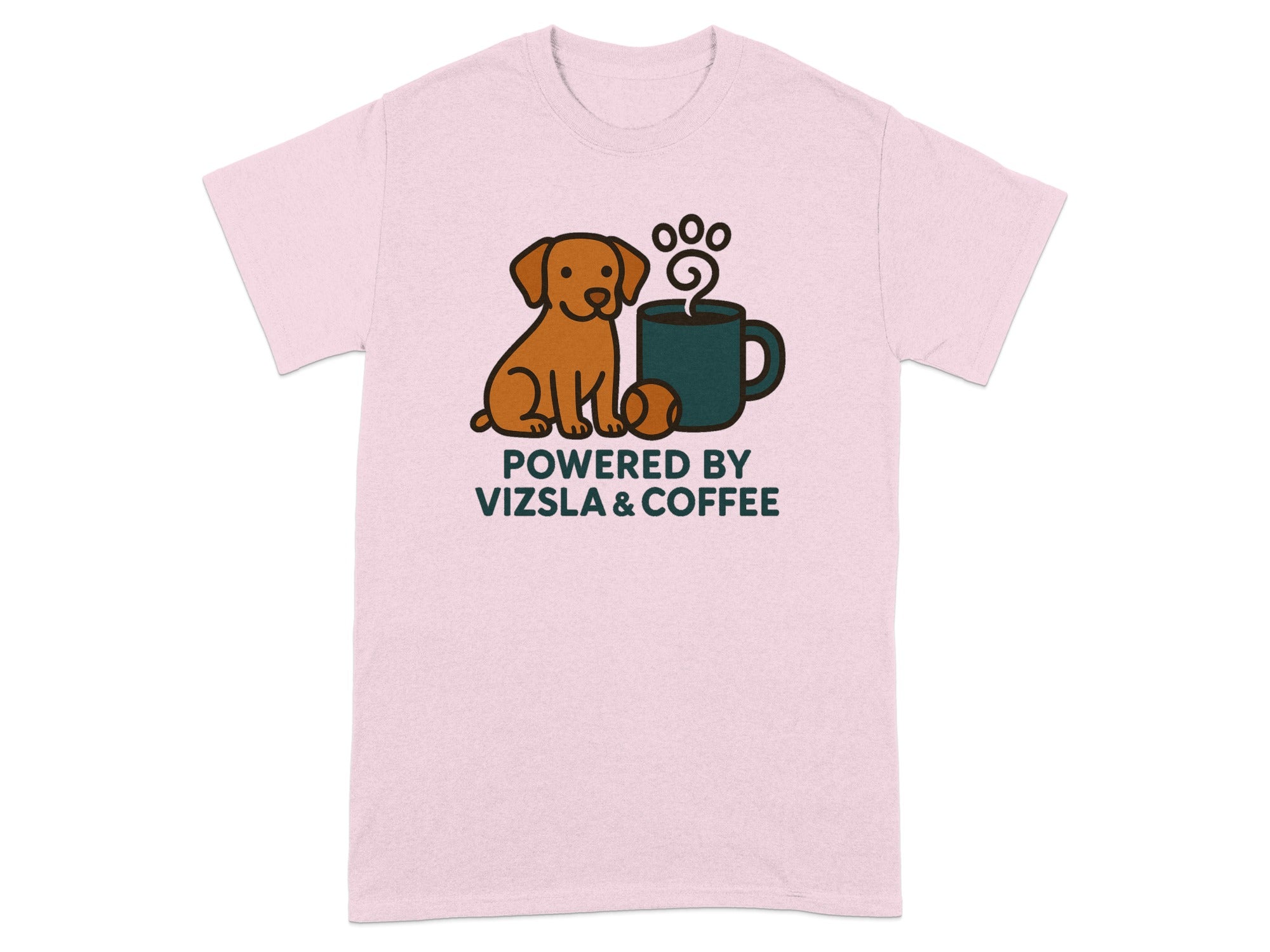 Pink t-shirt with a Vizsla and coffee cup graphic and text.