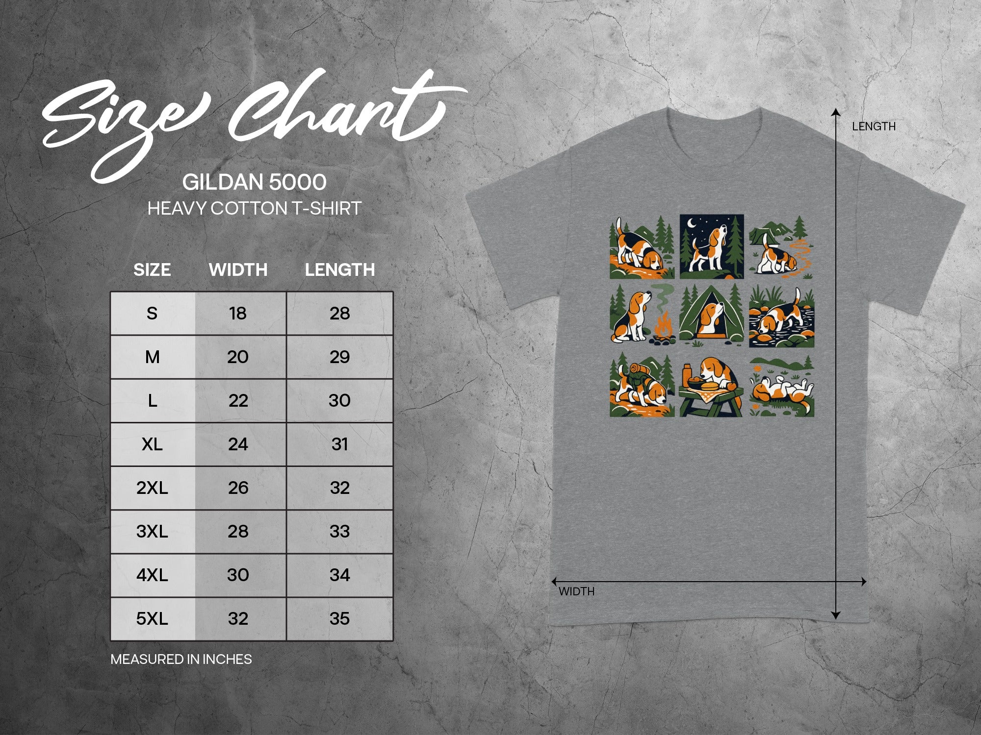 Gildan 5000 size chart with width and length measurements in inches.