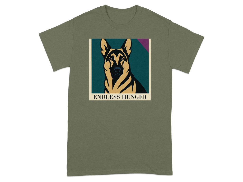German Shepherd portrait with text "ENDLESS HUNGER" on a green t-shirt.