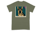 German Shepherd portrait with text "ENDLESS HUNGER" on a green t-shirt.