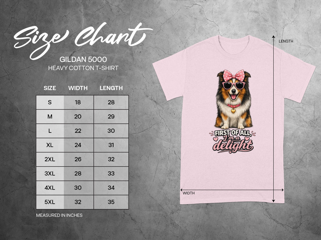 Gildan 5000 heavy cotton t-shirt size chart with dog graphic.