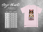 Gildan 5000 heavy cotton t-shirt size chart with dog graphic.