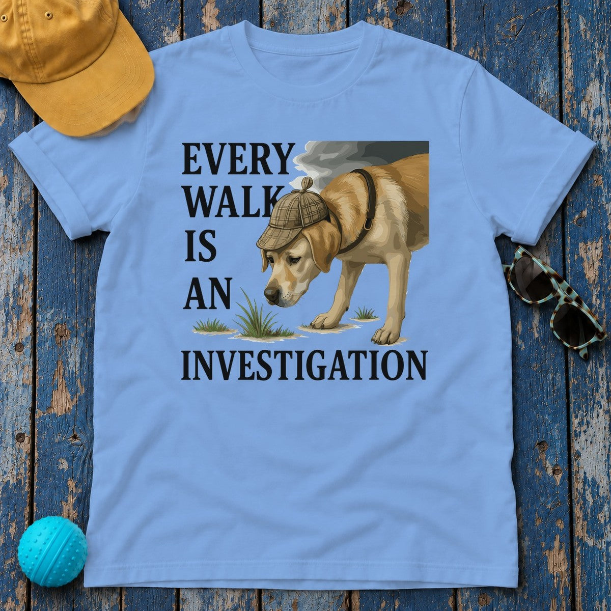 Yellow Lab Every Walk is an Investigation T-shirt in Carolina Blue