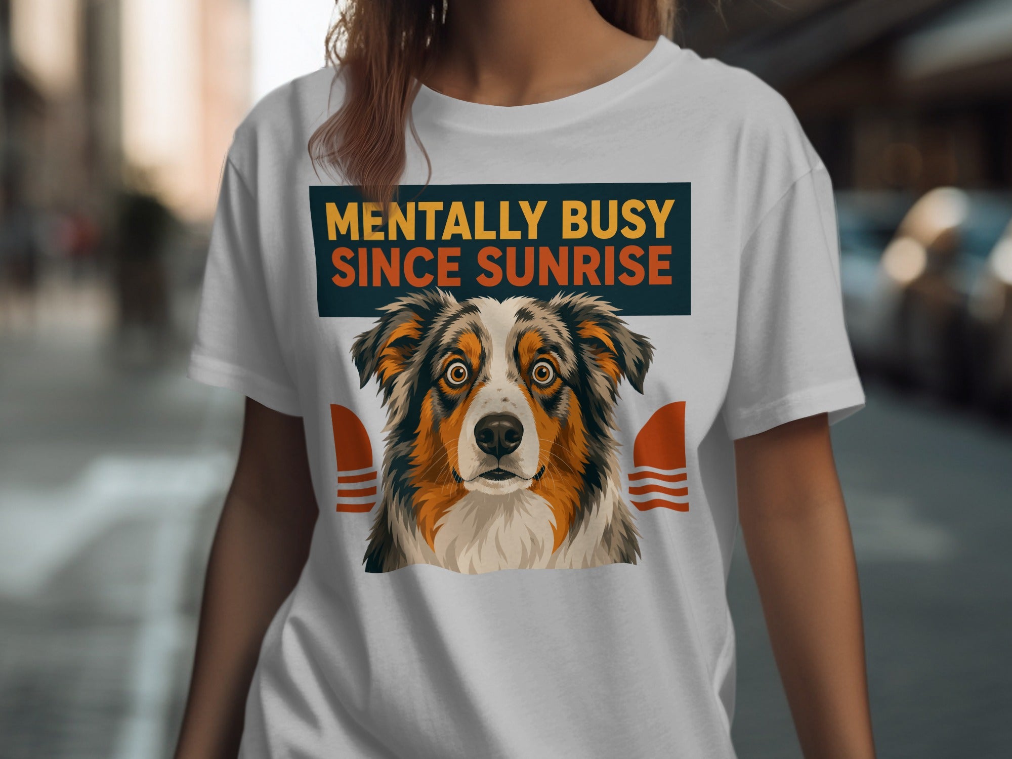 T-shirt with a dog's face and "Mentally Busy Since Sunrise" text.