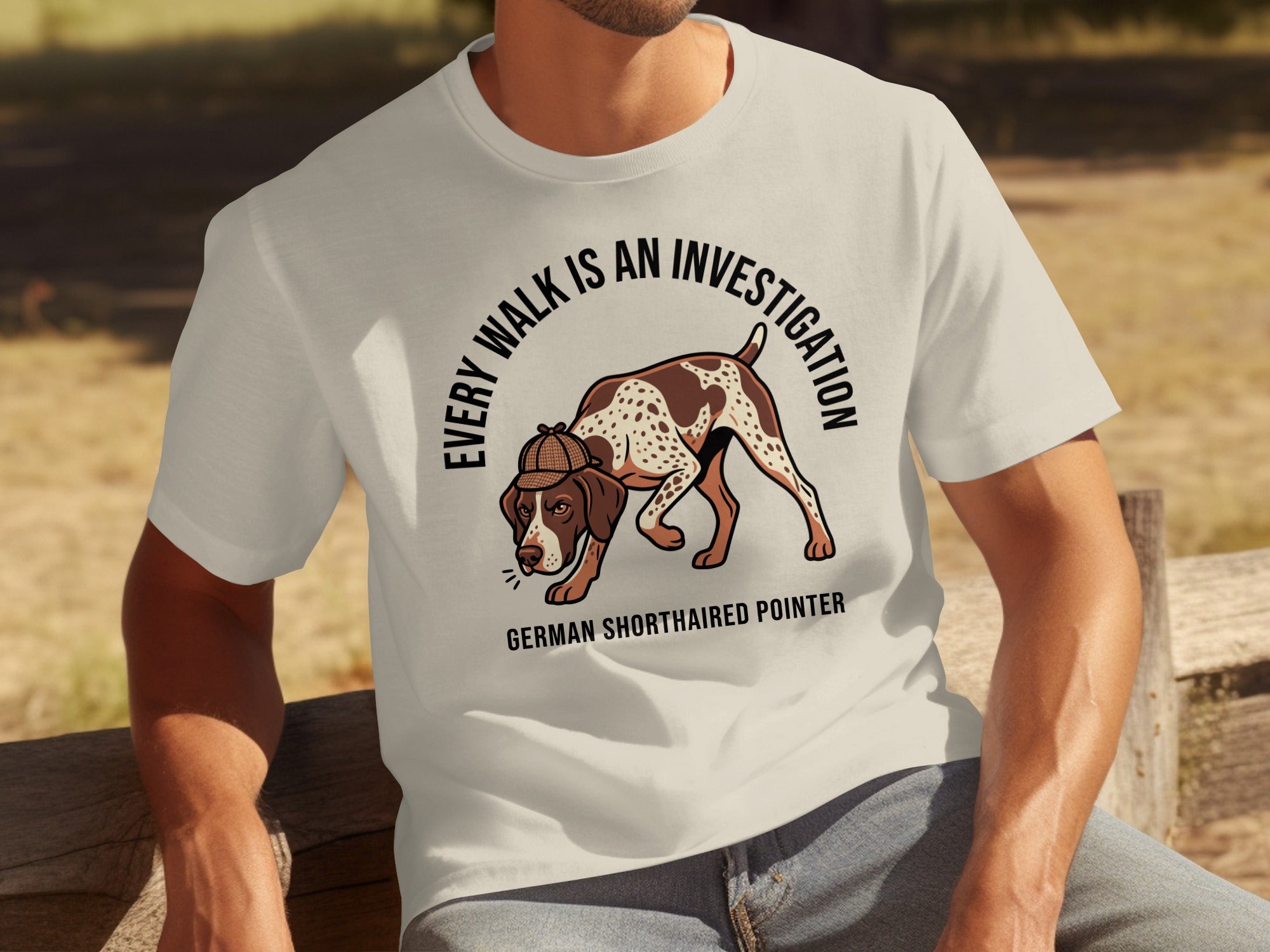 German Shorthaired Pointer wearing a hat, "Every walk is an investigation" text.
