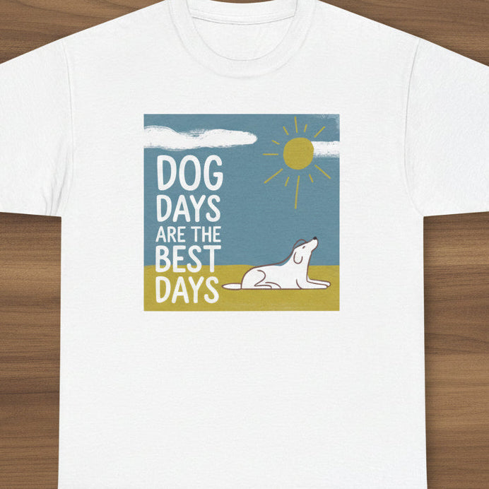 White t-shirt with 'Dog Days are the Best Days' graphic design on a white background