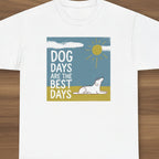 White t-shirt with 'Dog Days are the Best Days' graphic design on a white background