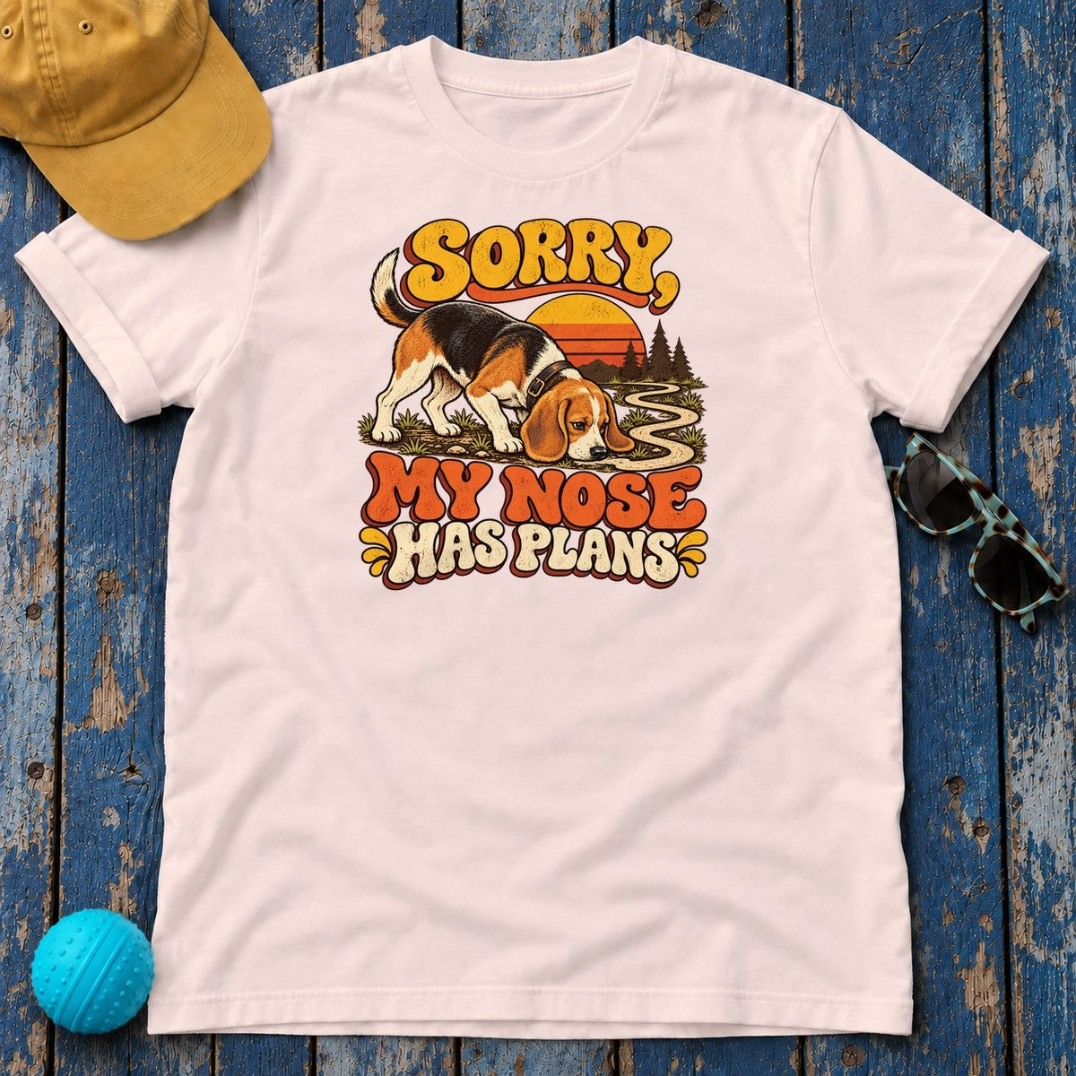 Sorry My Nose Has Plans Beagle T-Shirt in Soft Pink - flat lay