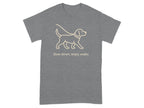 Grey t-shirt with line art dog and text "Slow down, enjoy walks".