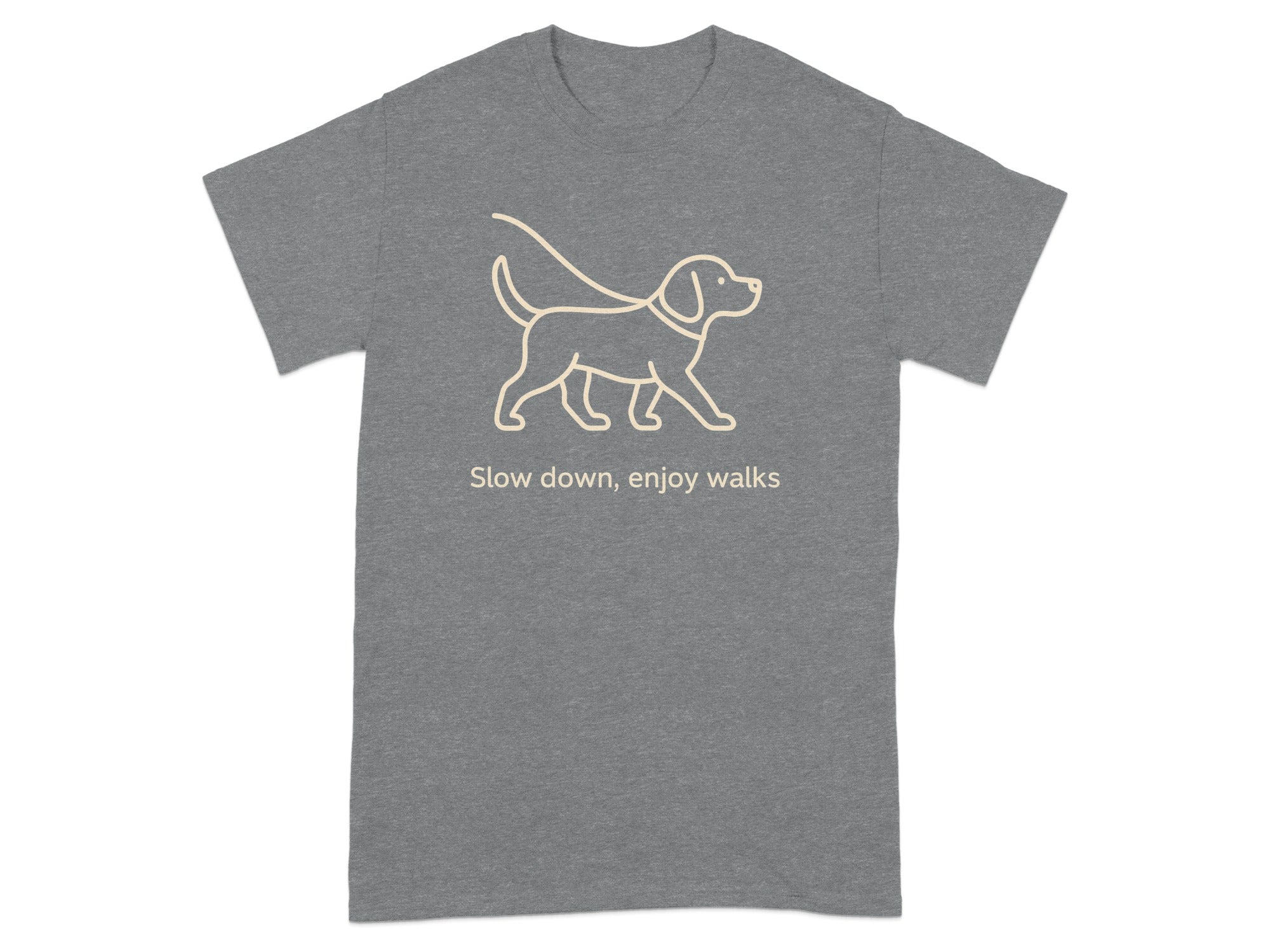 Grey t-shirt with line art dog and text "Slow down, enjoy walks".