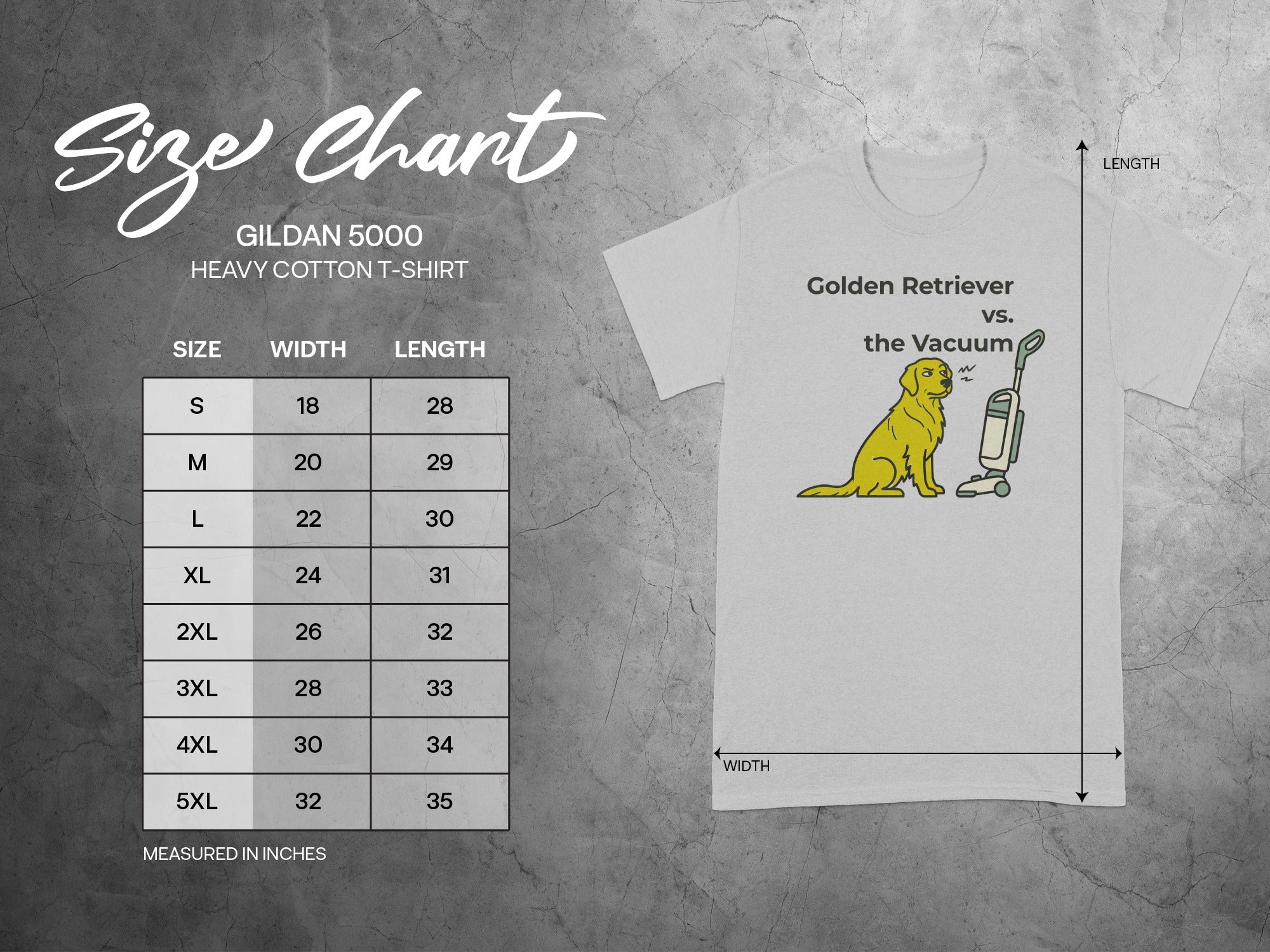 Gildan 5000 heavy cotton t-shirt size chart with dog and vacuum graphic.