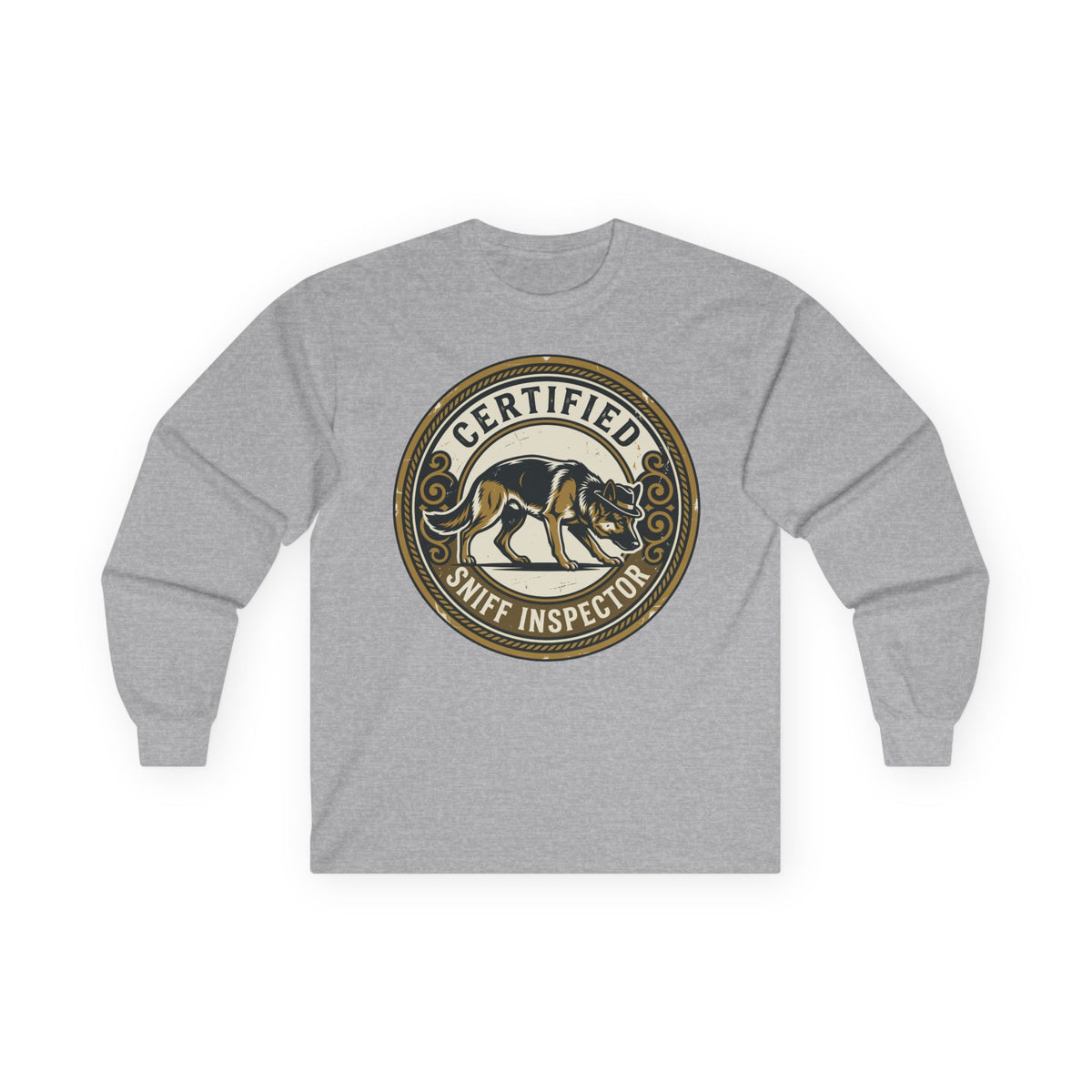Certified Sniff Inspector German Shepherd Long Sleeve Tee in Sport Grey