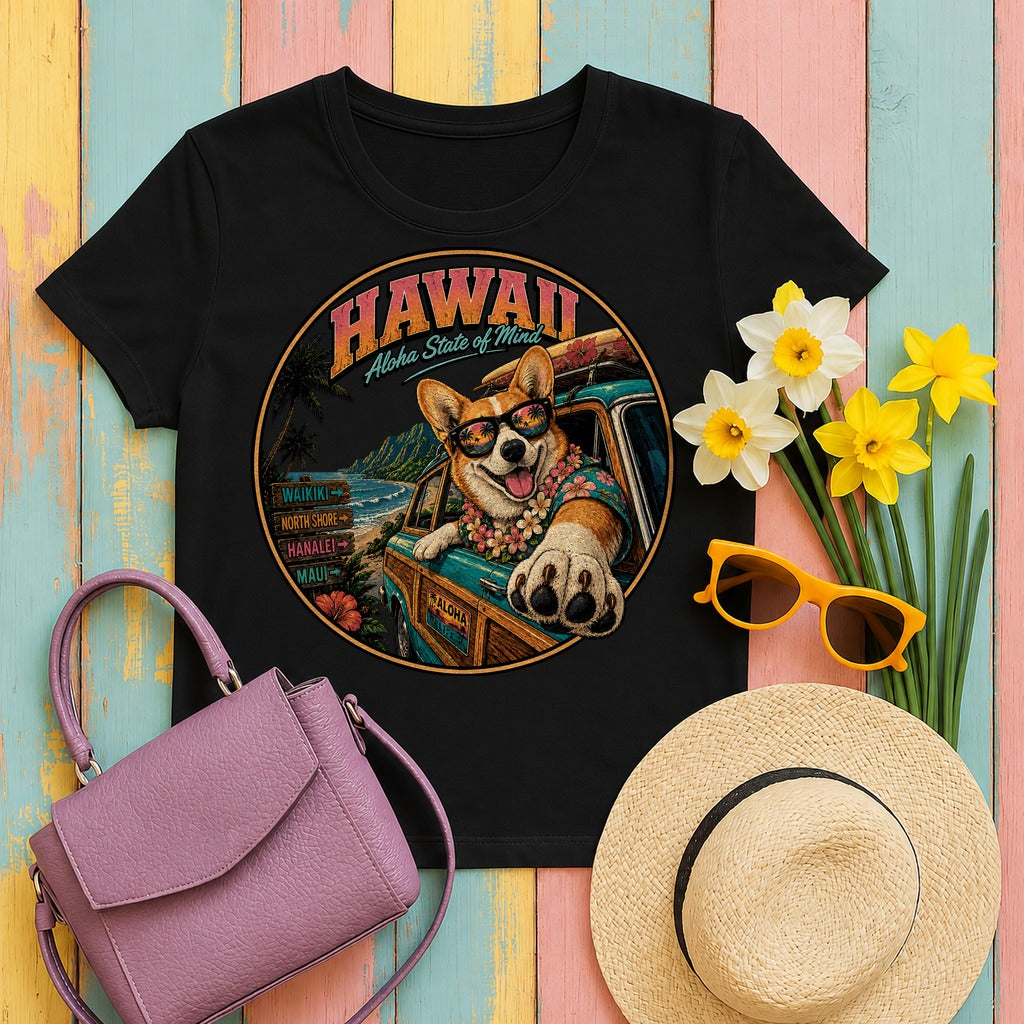 Aloha Corgi Island Hopper T-shirt in Black