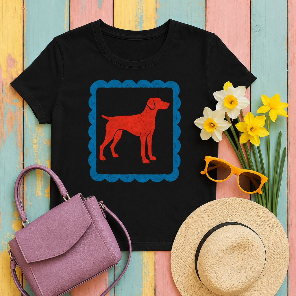 Red Vizsla Dog within a Blue Scalloped Frame T-Shirt in Black
