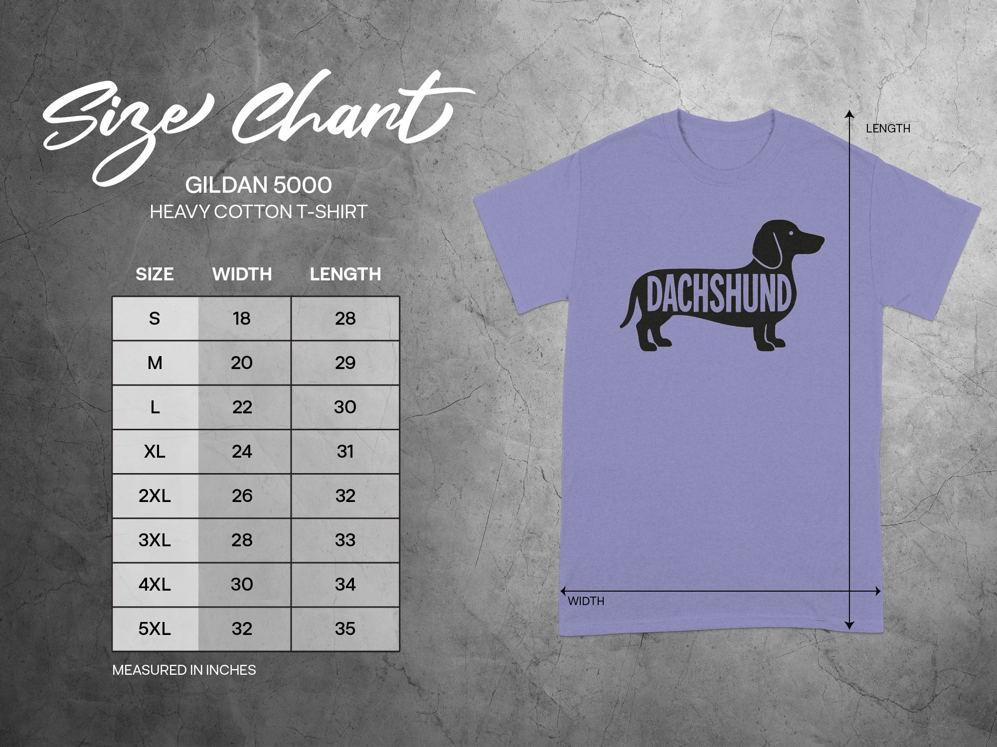 Gildan 5000 size chart for heavy cotton t-shirts with dachshund graphic.