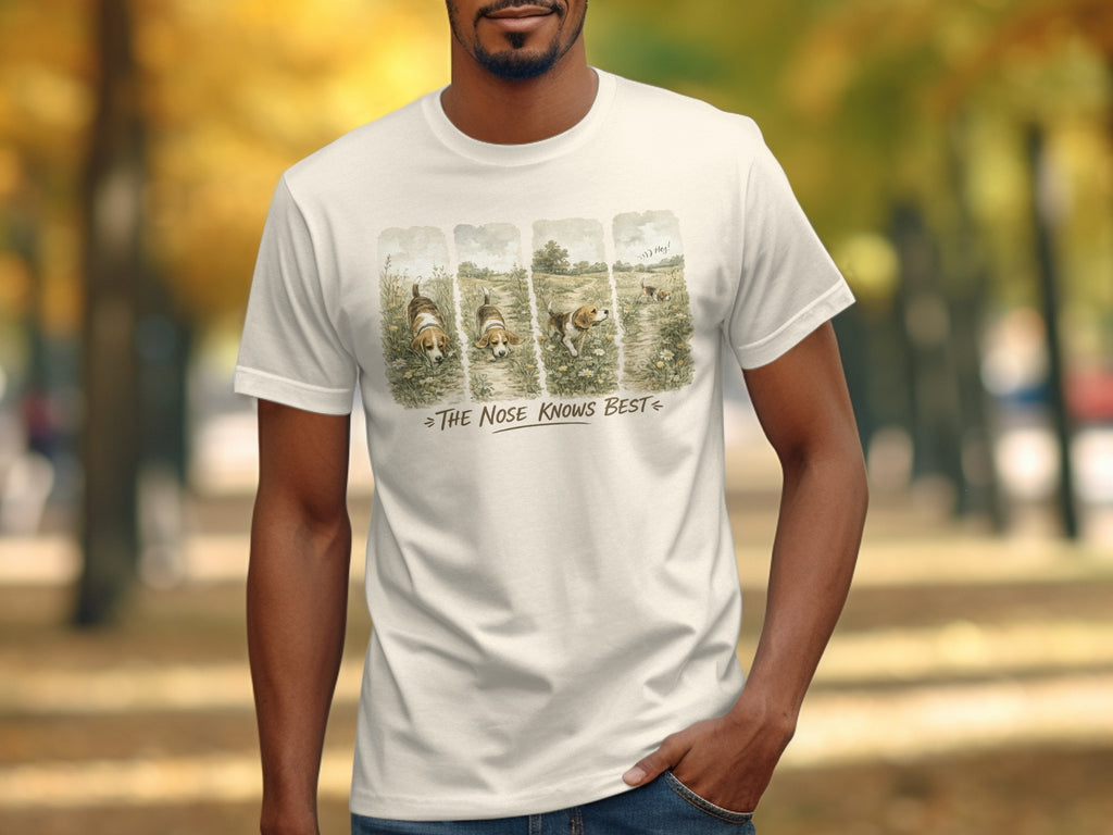 T-shirt with four panels of beagle puppies and text "The Nose Knows Best".