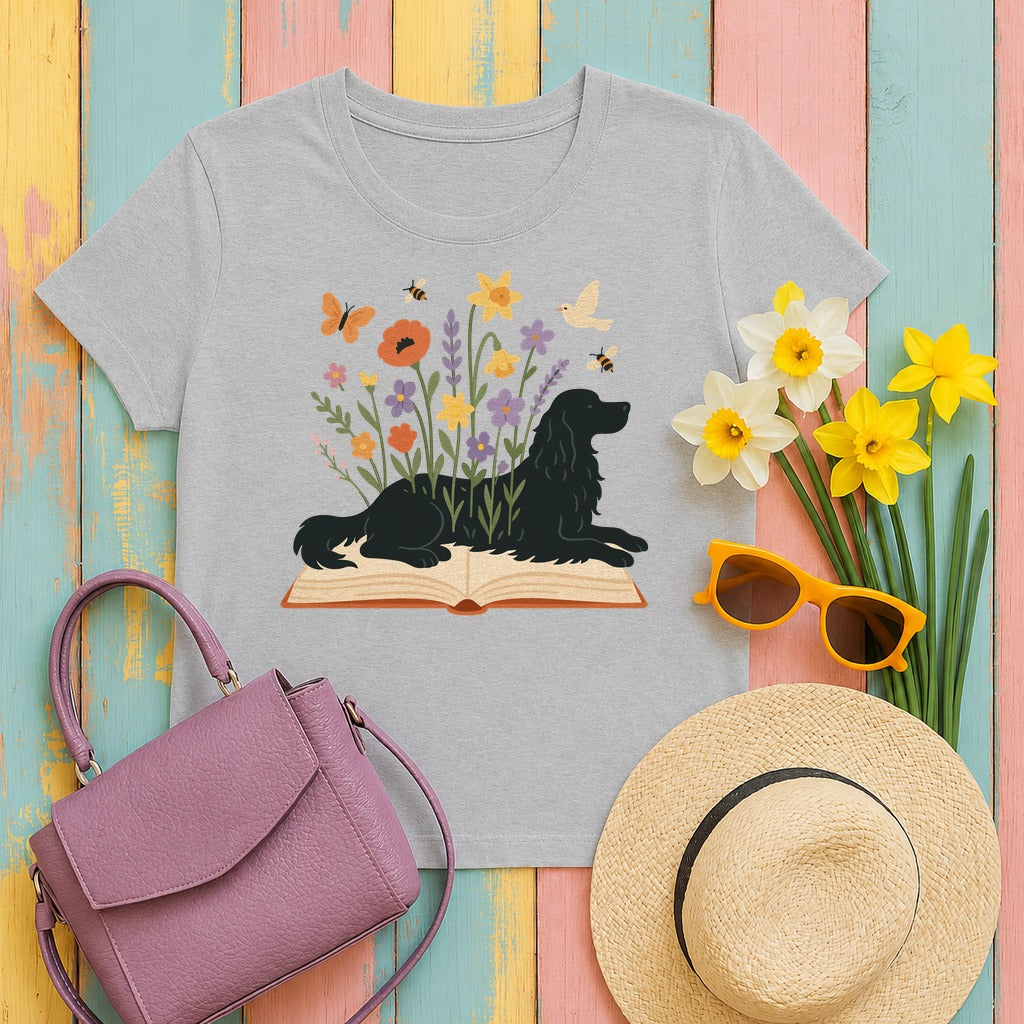 Gordon Setter Resting on Book Amidst Blooms Garden Art T-Shirt in Sport Grey