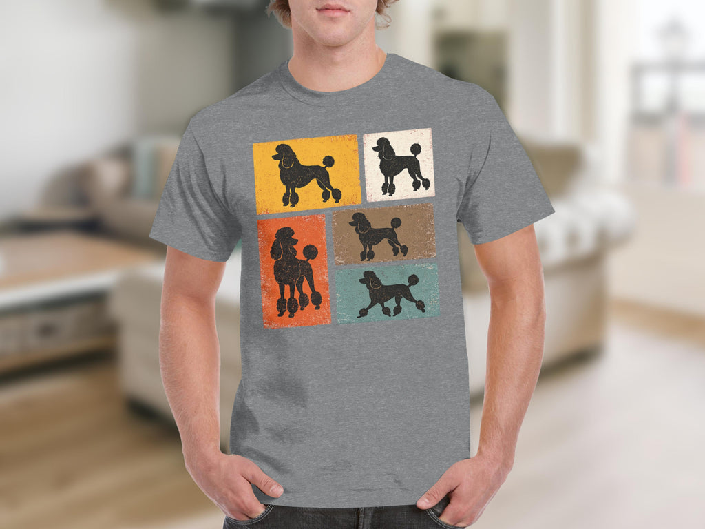 Gray t-shirt with retro pop art style black poodle silhouettes on colored squares.