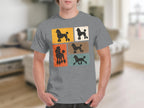 Gray t-shirt with retro pop art style black poodle silhouettes on colored squares.