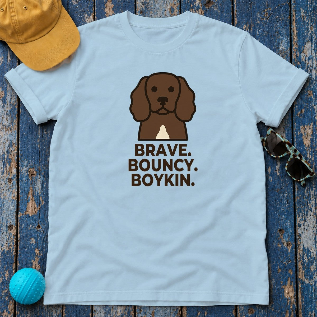 Brave. Bouncy. Boykin. Boykin Spaniel T-Shirt in Light Blue
