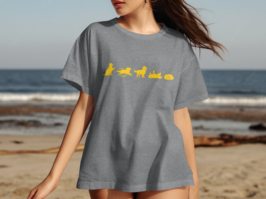 Gray t-shirt with yellow dog graphics depicting a sequence of actions.