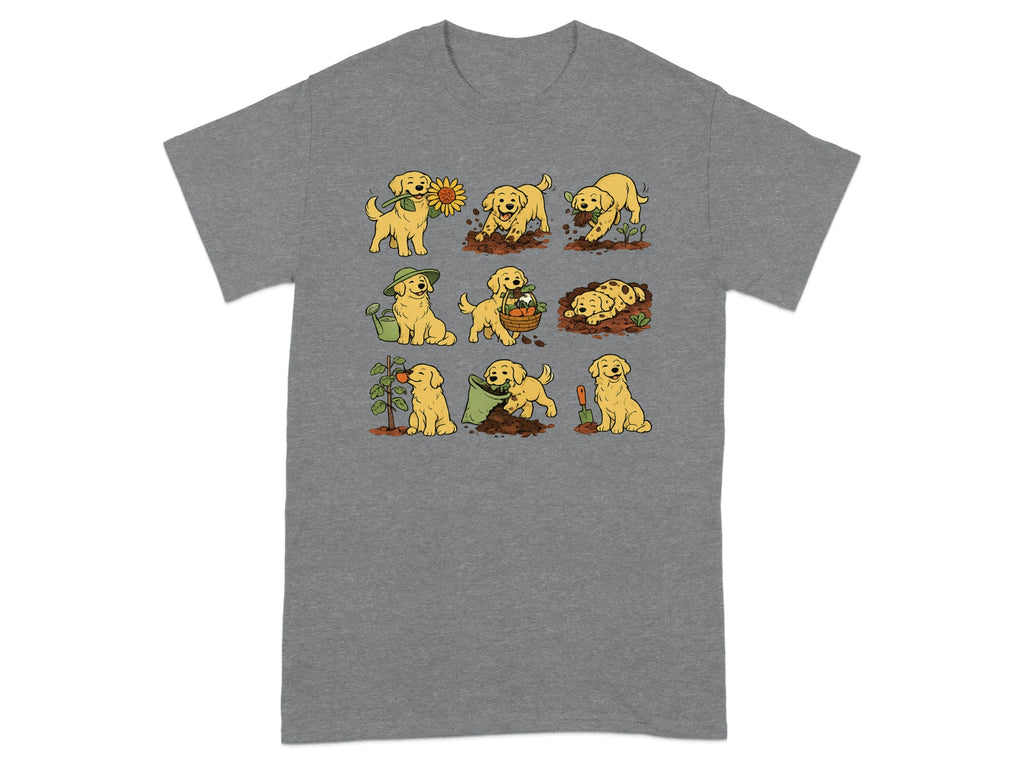 Illustration of golden retriever puppies gardening in nine panels.