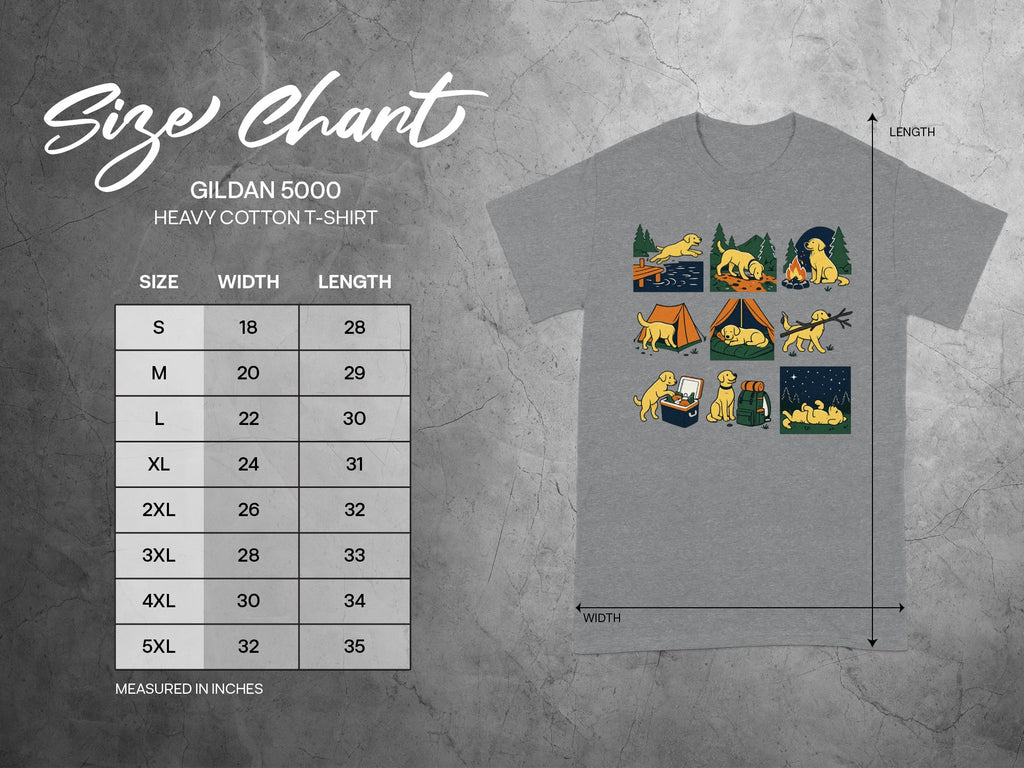 Gildan 5000 Heavy Cotton T-Shirt size chart with dog camping graphic.
